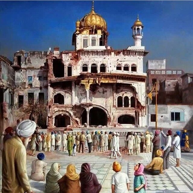 Pilgrims gathered at a historic Sikh temple with golden domes under a clear sky.
